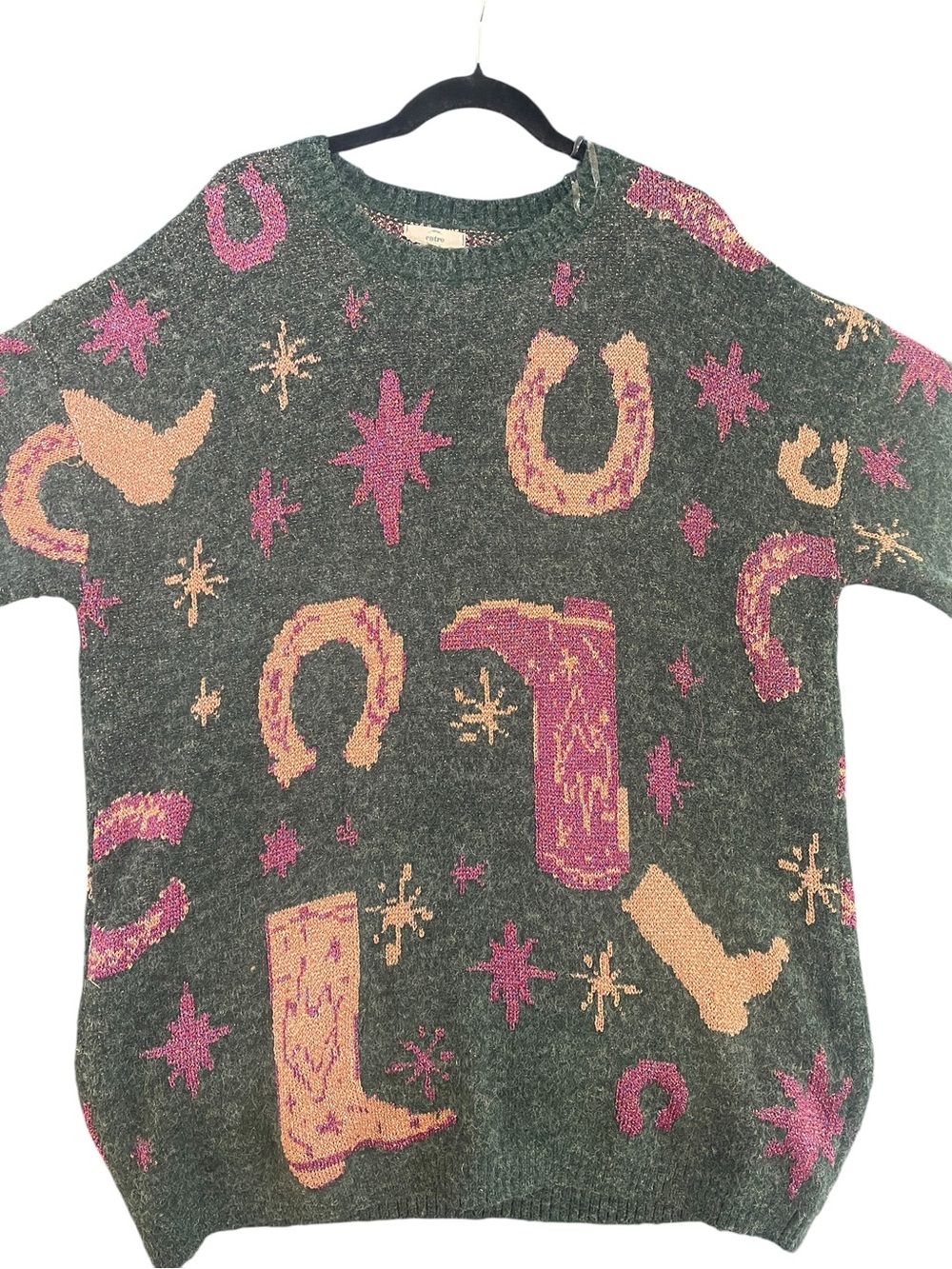 entro Fuzzy Western Sweater Country Christmas in Green, Pink Chic Soul 1x